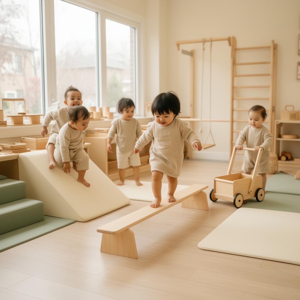 Toddlers climbing, balancing, and exploring movement in a calm Montessori classroom
